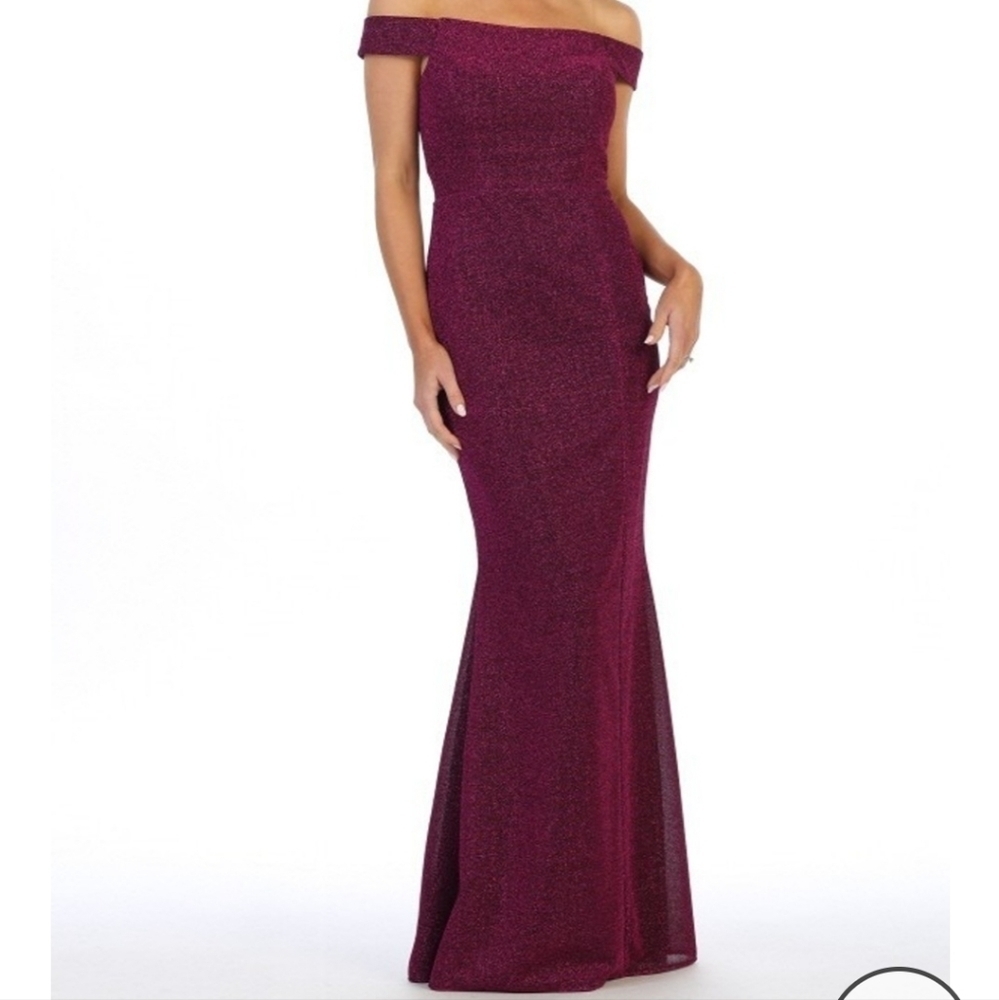 Off-Shoulder Sparkle Maxi Dress in Deep Berry